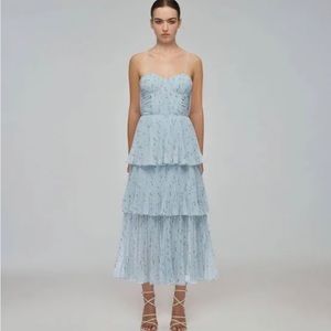 SELF-PORTRAIT Floral Pleated MIDI Dress in Blue